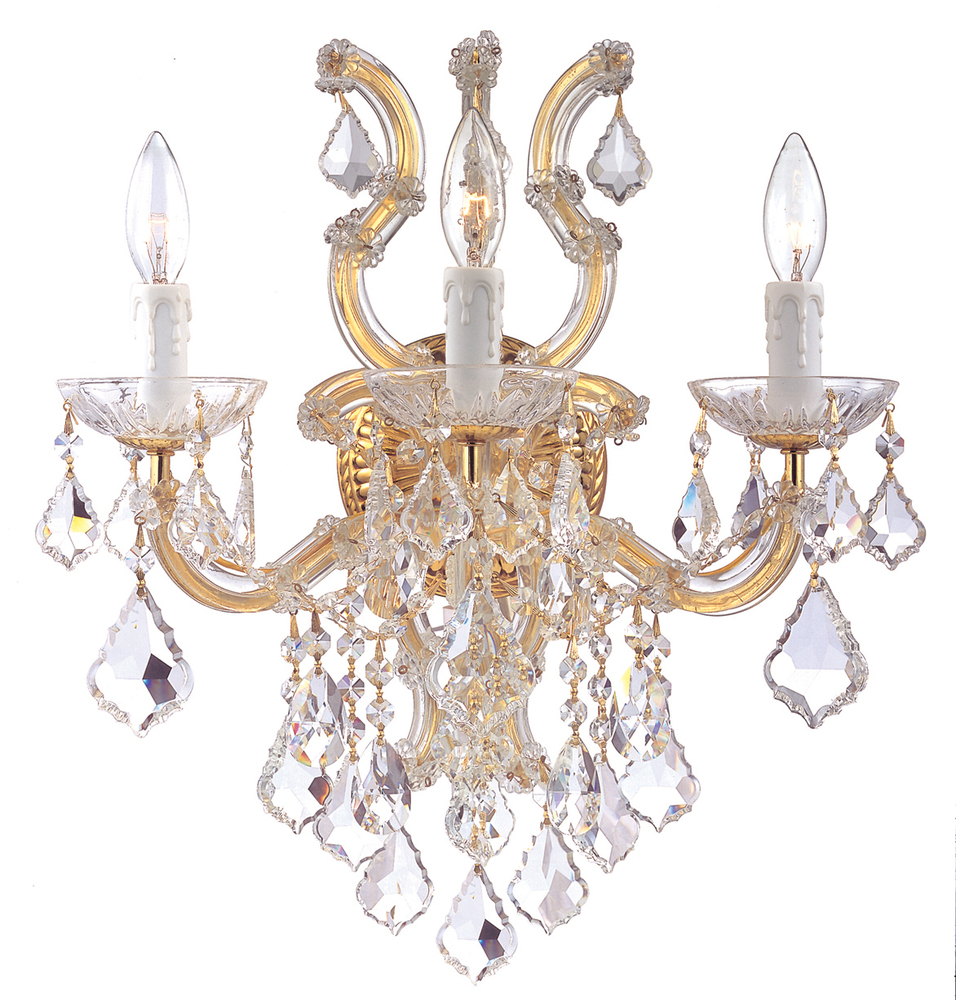 3 Light Gold Crystal Sconce Draped In Clear Hand Cut Crystal
