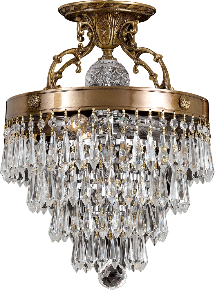 3 Light Aged Brass Traditional Ceiling Mount Draped In Clear Hand Cut Crystal
