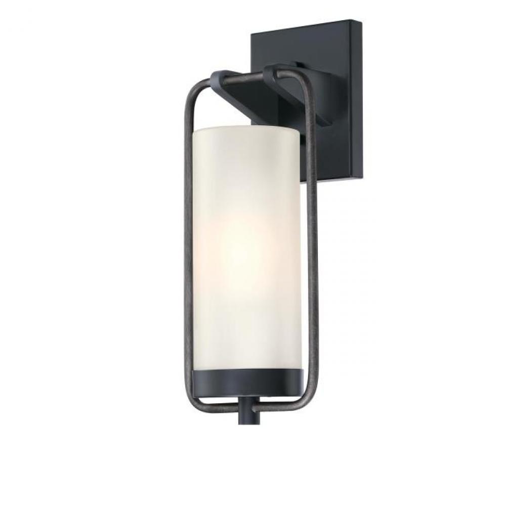Wall Fixture Matte Black and Distressed Aluminum Finish White Frosted Glass
