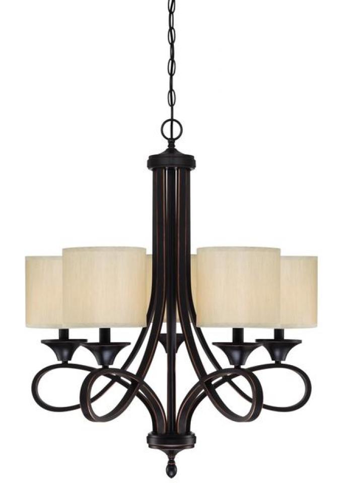 5 Light Chandelier Amber Bronze Finish with Highlights Beige Fabric Shades
