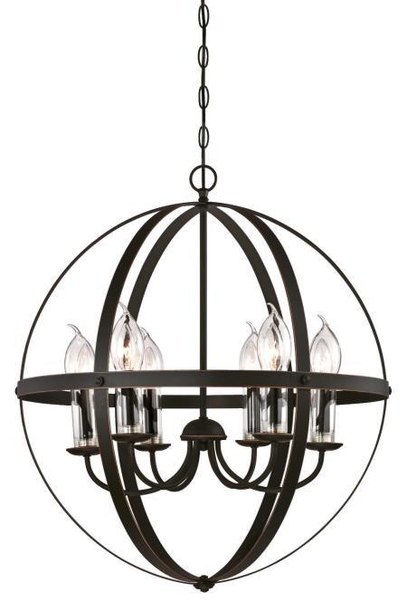 6 Light Chandelier Oil Rubbed Bronze Finish with Highlights Clear Glass Candle Covers
