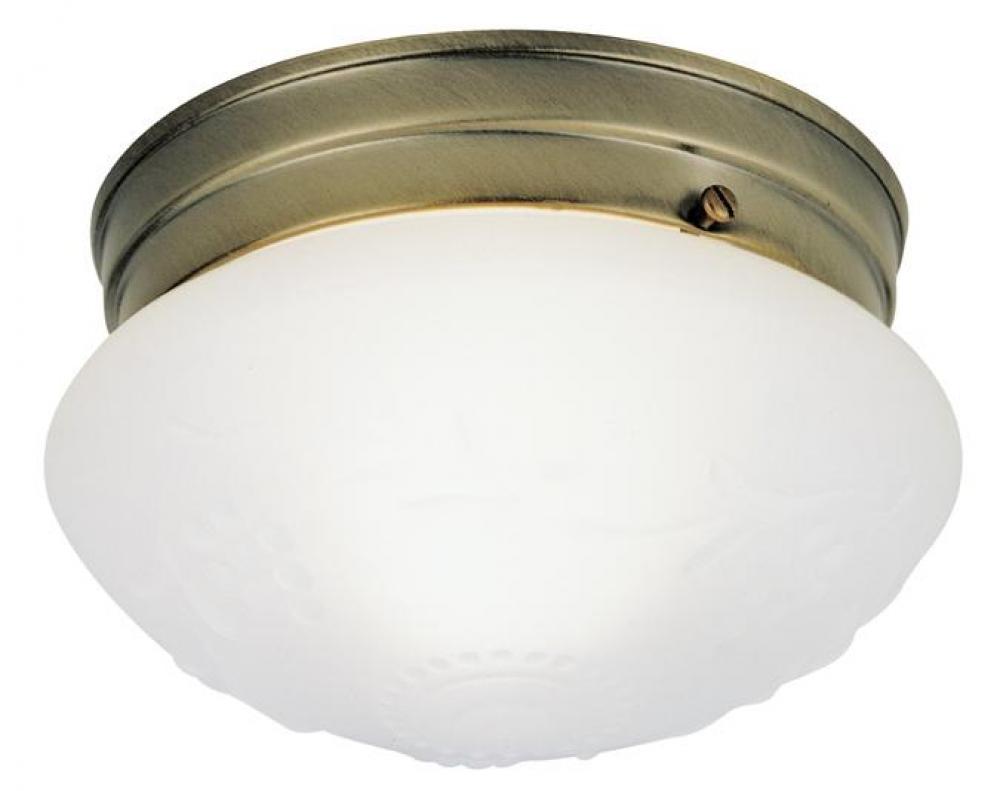 1 Light Flush Ceiling Fixture Antique Brass Finish with Satin White Glass with Design