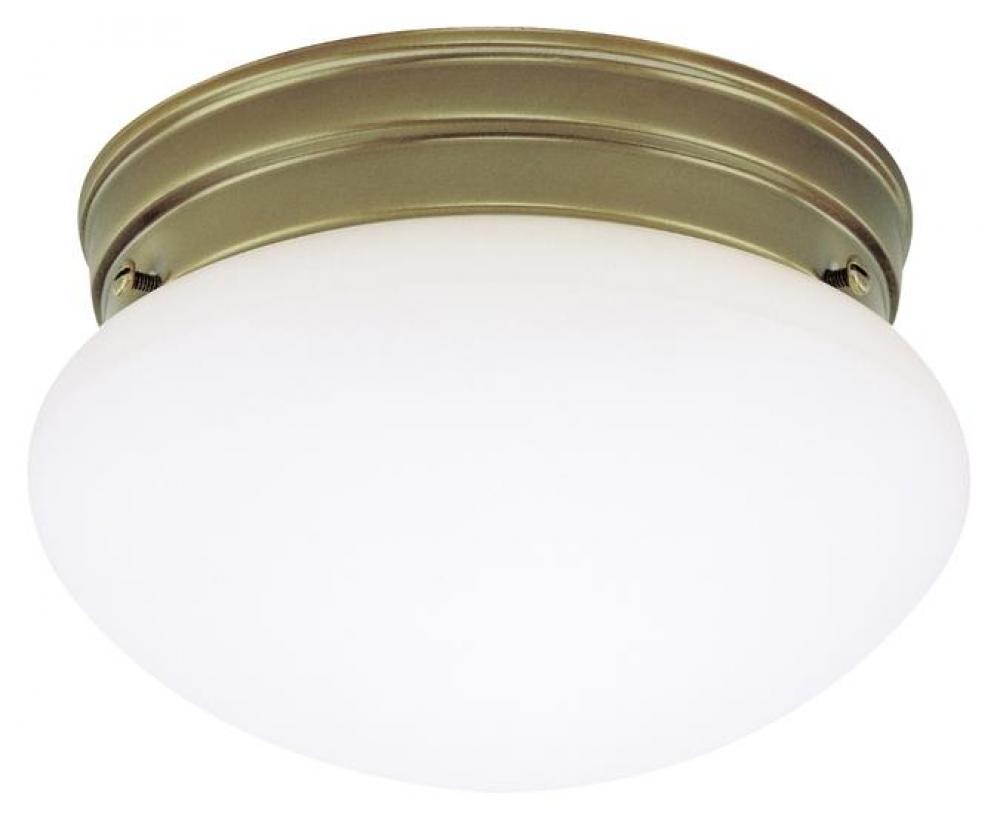 1 Light Flush Ceiling Fixture Antique Brass Finish with White Glass