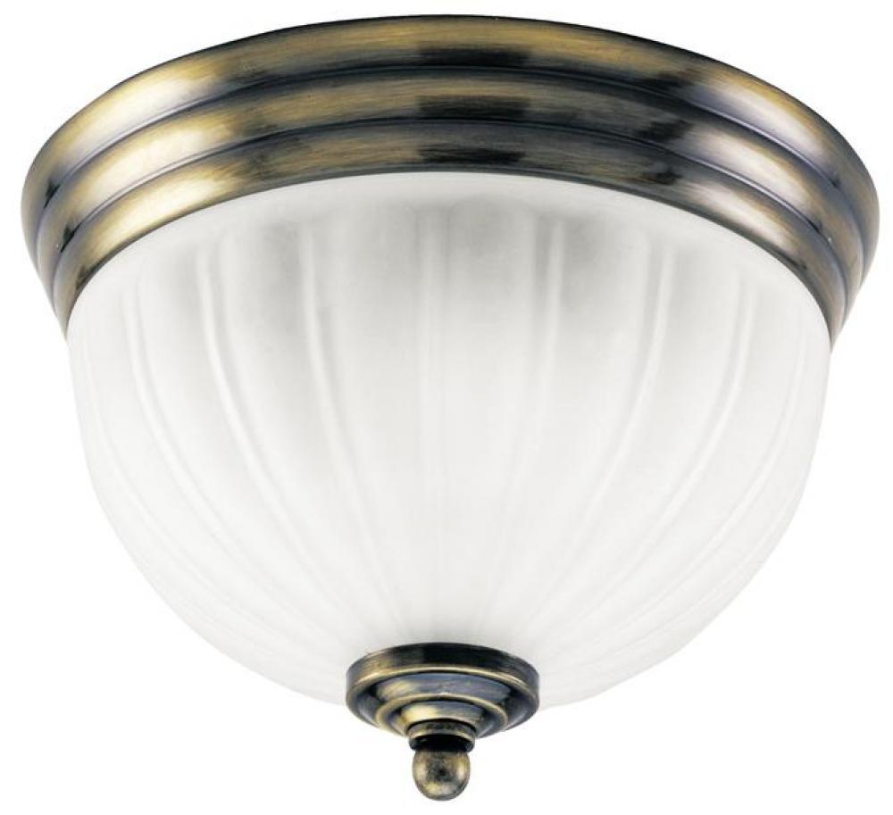 2 Light Flush Ceiling Fixture Antique Brass Finish with White Glass