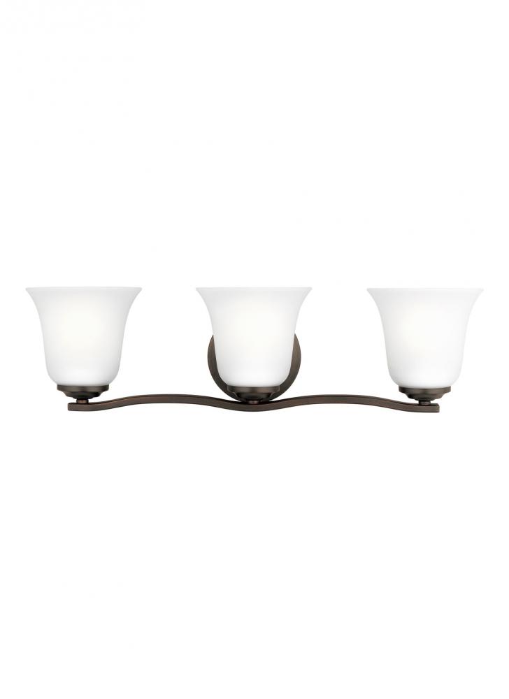 Emmons traditional 3-light indoor dimmable bath vanity wall sconce in bronze finish with satin etche