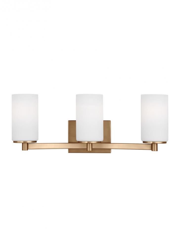 Hettinger traditional indoor dimmable 3-light wall bath sconce in a satin brass finish with etched w
