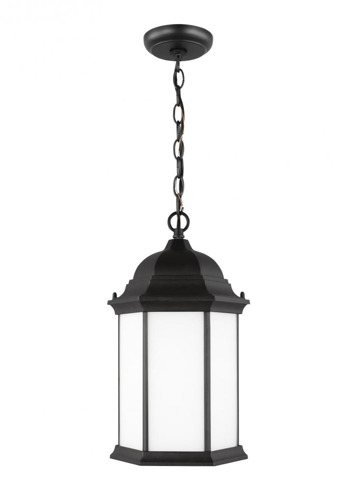Sevier traditional 1-light outdoor exterior ceiling hanging pendant in black finish with satin etche