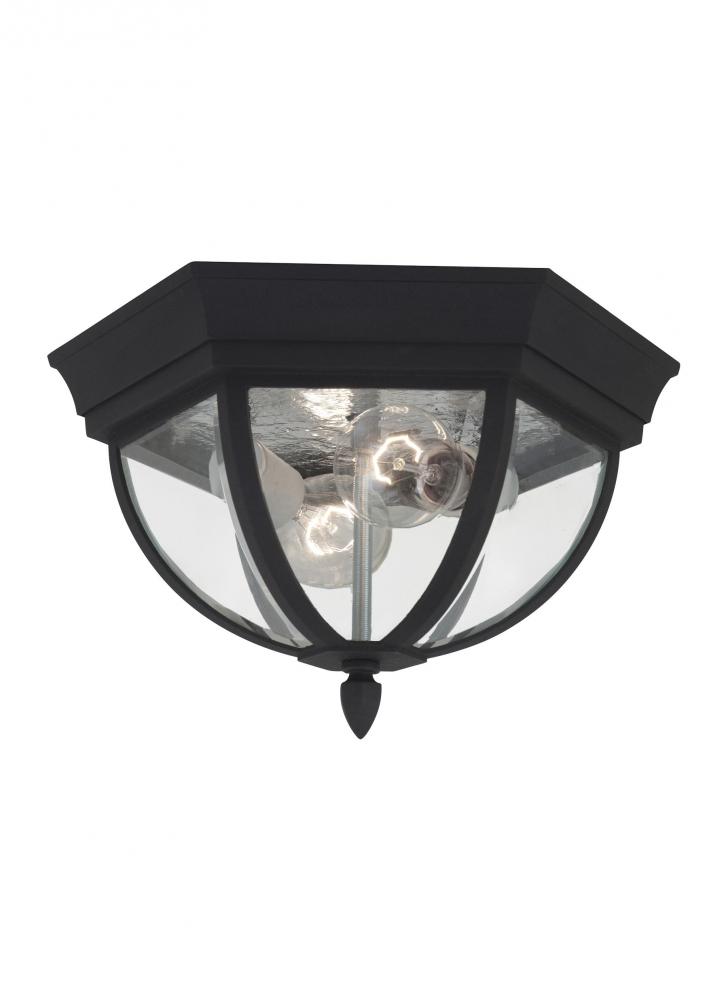 Wynfield traditional 2-light outdoor exterior ceiling ceiling flush mount in black finish with clear