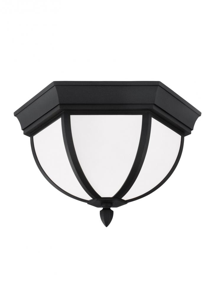 Wynfield traditional 2-light outdoor exterior ceiling ceiling flush mount in black finish with etche