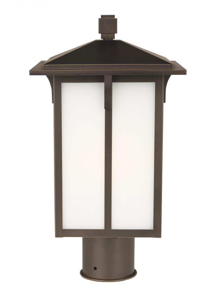 Tomek modern 1-light outdoor exterior post lantern in antique bronze finish with etched white glass