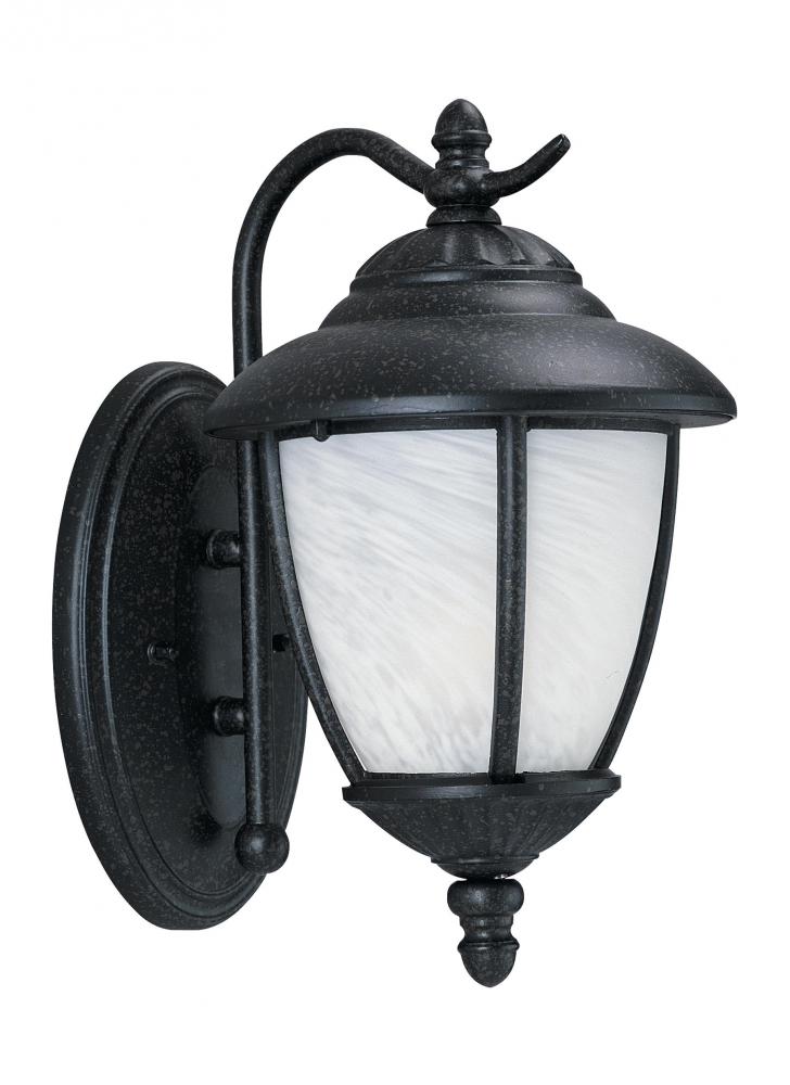 Yorktown transitional 1-light outdoor exterior wall lantern sconce in forged iron finish with swirle