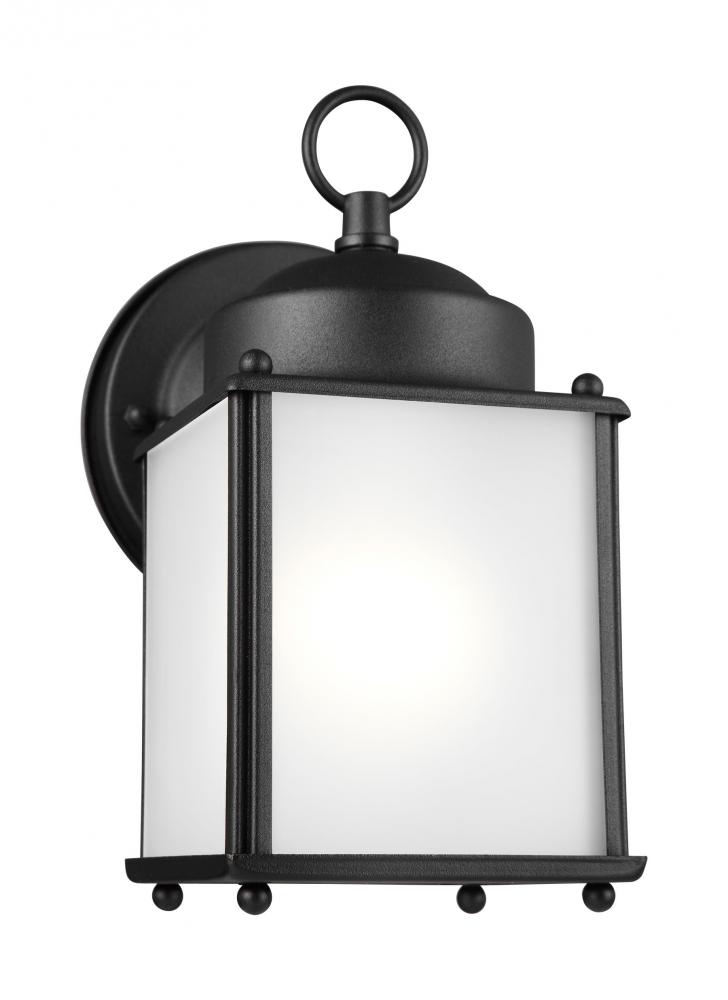 New Castle traditional 1-light outdoor exterior wall lantern sconce in black finish with satin etche