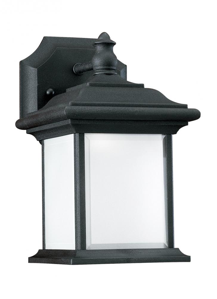 Wynfield traditional 1-light LED outdoor exterior wall lantern sconce in black finish with frosted g