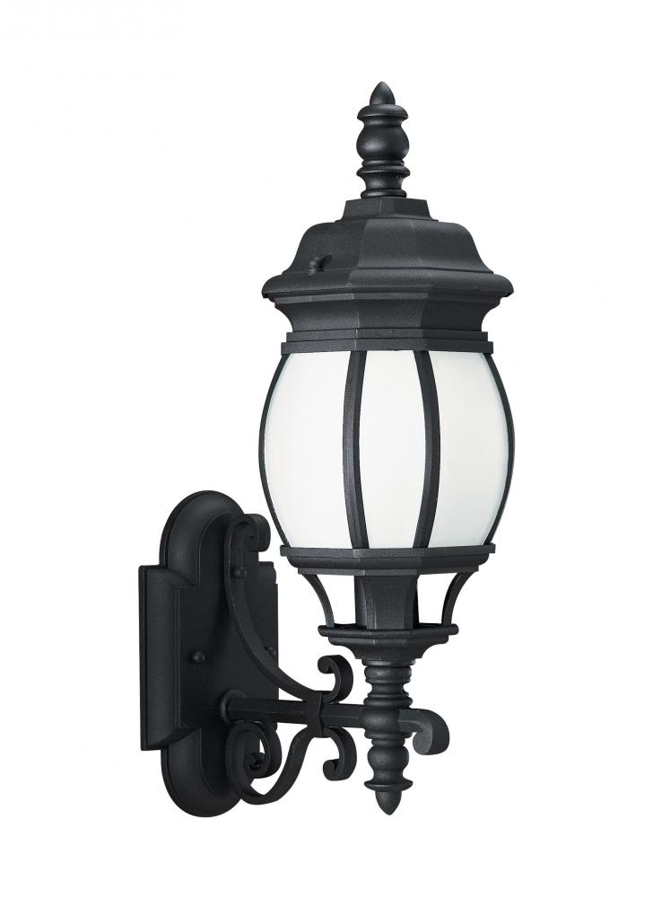 Wynfield traditional 1-light outdoor exterior medium wall lantern sconce in black finish with froste