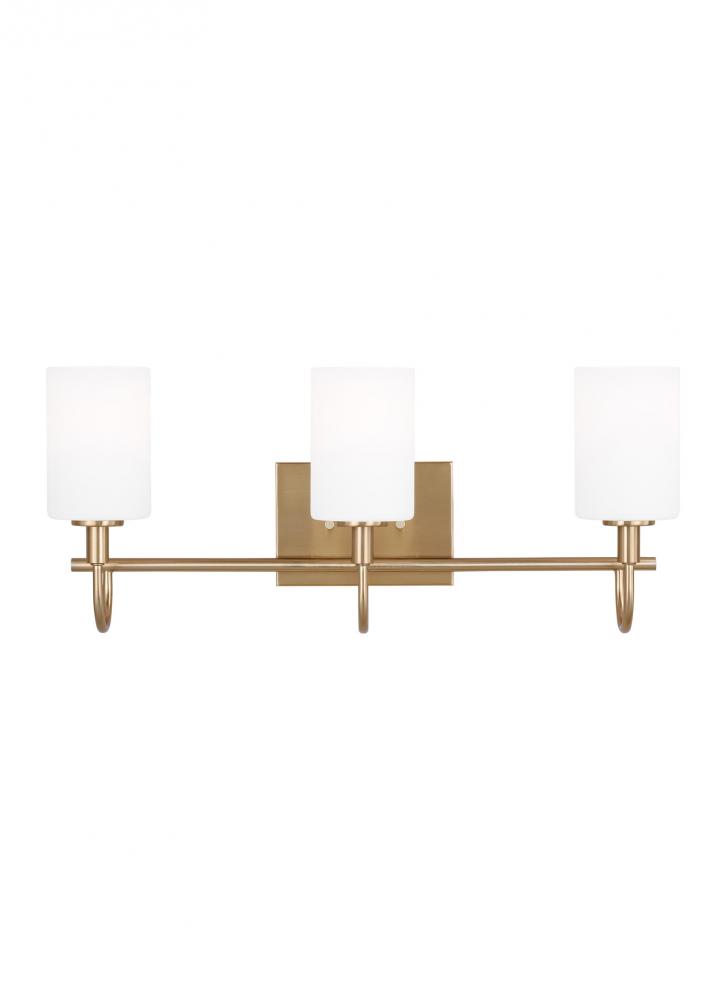 Oak Moore traditional 3-light indoor dimmable bath vanity wall sconce in satin brass gold finish and