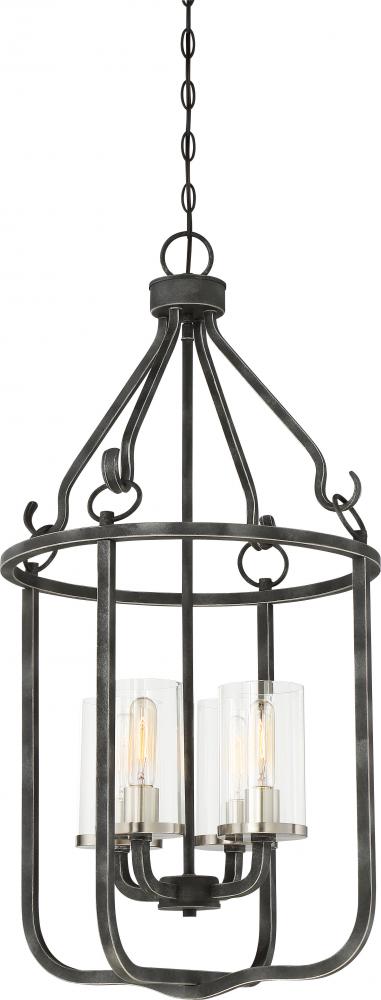 Sherwood - 4 Light Caged Pendant with Clear Glass -Iron Black Finish with Brushed Nickel Accents