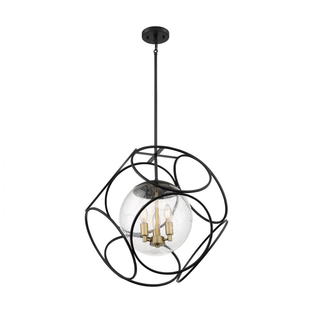 Aurora - 3 Light Pendant with Seeded Glass - Black and Vintage Brass Finish