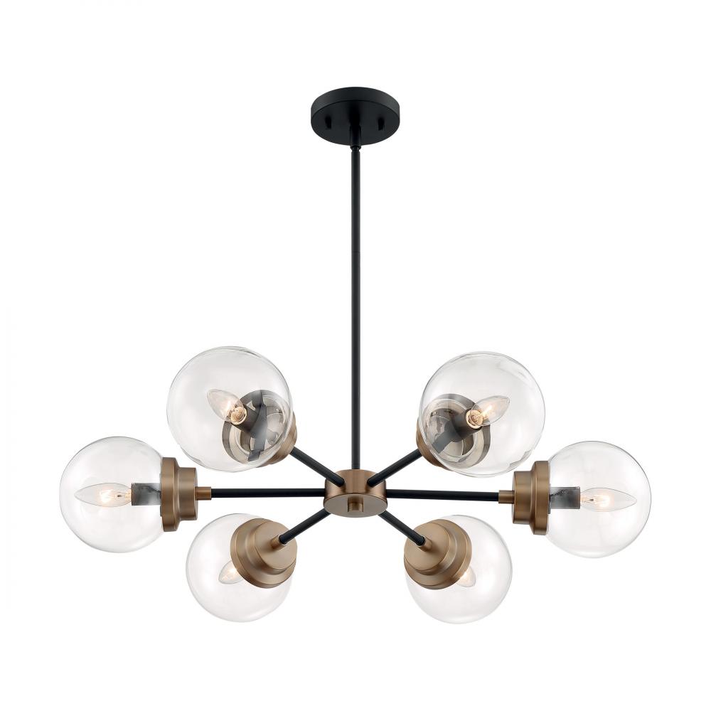 Axis - 6 Light Chandelier with Clear Glass - Matte Black and Brass Finish