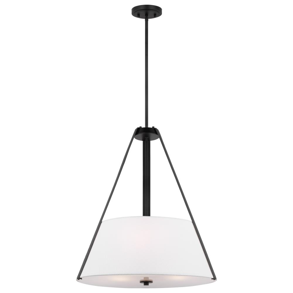 Brewster; 3 Light Pendant; Black Finish; Faux Leather Wrapped Straps; White Textile Shade