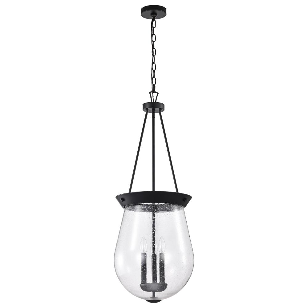 Boliver 3 Light Pendant; 14 Inches; Matte Black Finish; Clear Seeded Glass