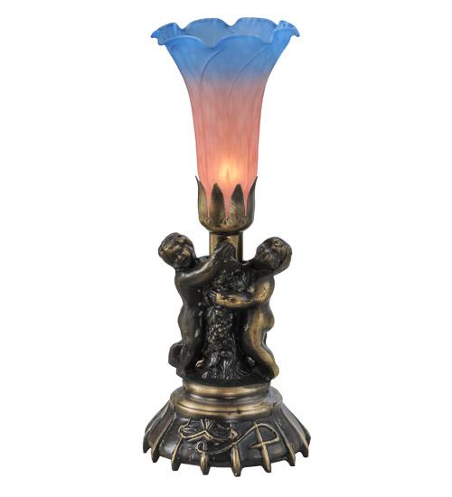13" High Pink/Blue Tiffany Pond Lily Twin Cherub Accent Lamp