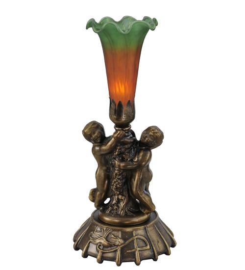12" High Amber/Green Pond Lily Twin Cherub Mini Lamp