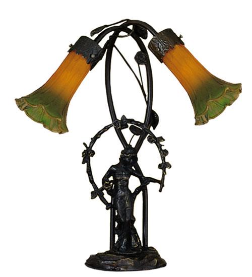 17" High Amber/Green Tiffany Pond Lily 2 Light Trellis Girl Accent Lamp