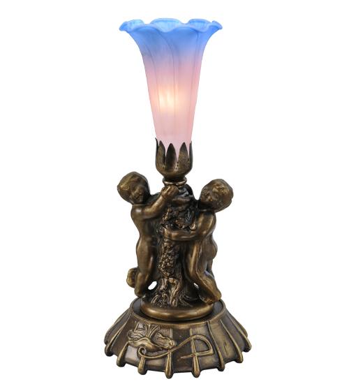 12" High Pink/Blue Pond Lily Twin Cherub Mini Lamp