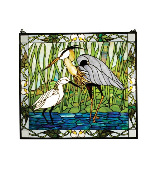 30"W X 27"H Blue Heron & Snowy Egret Stained Glass Window
