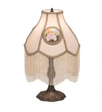 Meyda White 18092 - 20"H Reverse Painted Roses Fabric with Fringe Table Lamp